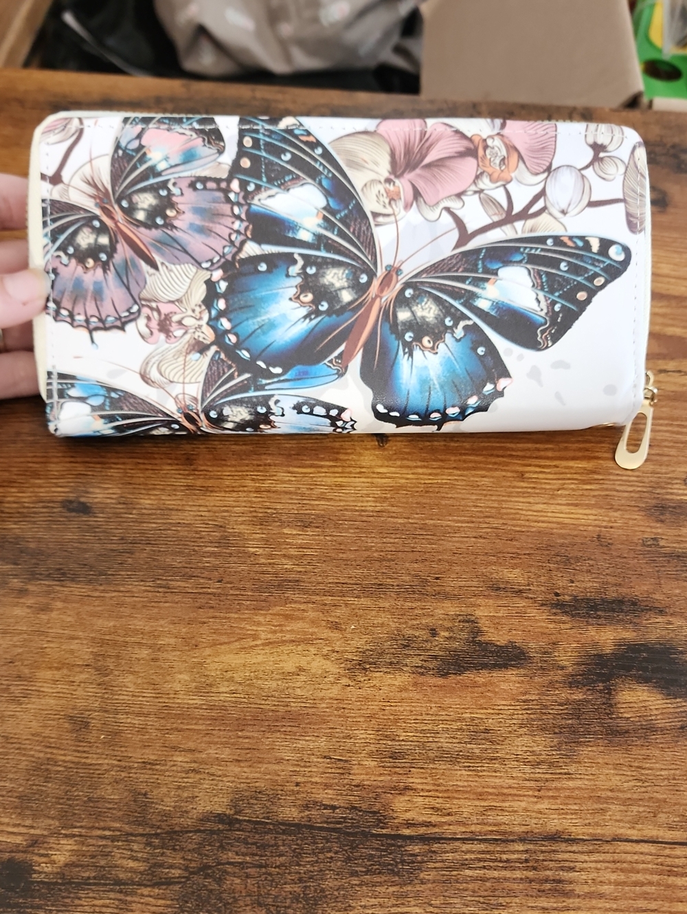 Butterfly Print Zip-Around Wallet - Blue/White  Womens Adjustable, Lightweight